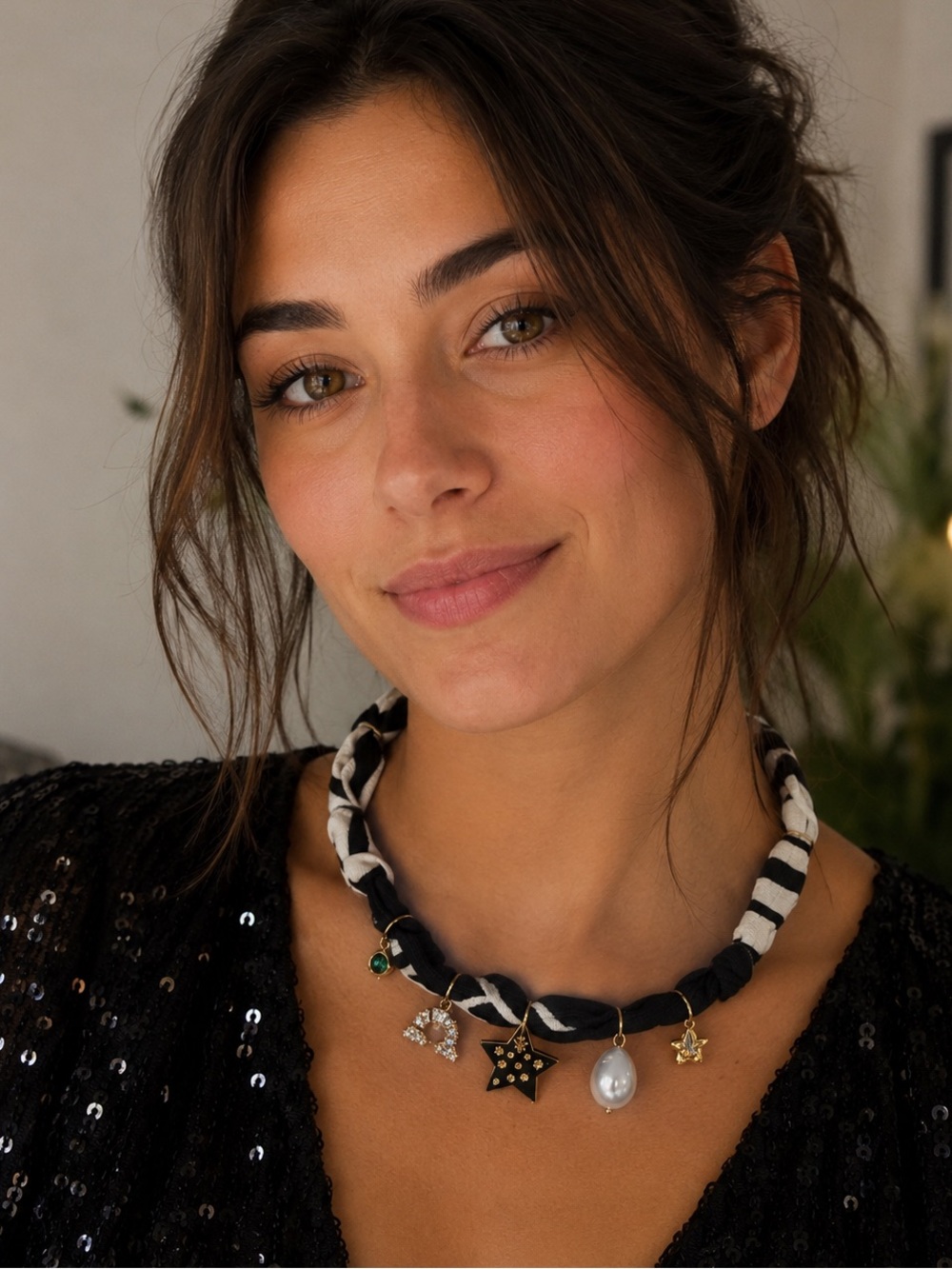 Chic Black & White Twisted Charm Necklace with Pearl and Star